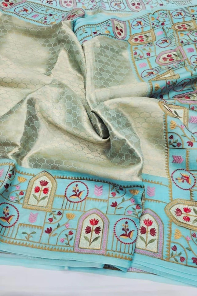 Pure Organza Saree | Brocade Weaving & Multi-Color Embroidery Border | Dual-Tone Pallu - Rosepetals Luxe