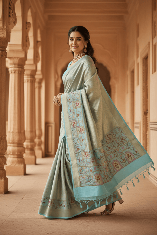 Pure Organza Saree | Brocade Weaving & Multi-Color Embroidery Border | Dual-Tone Pallu - Rosepetals Luxe