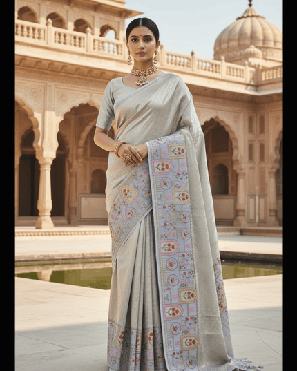 Pure Organza Saree | Brocade Weaving & Multi-Color Embroidery Border | Dual-Tone Pallu - Rosepetals Luxe