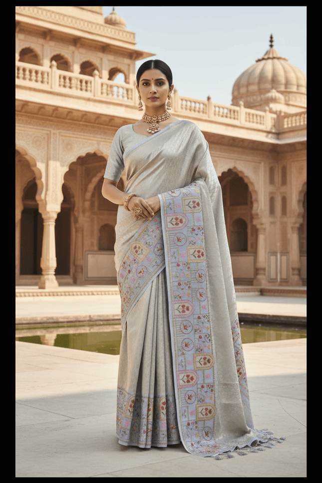 Pure Organza Saree | Brocade Weaving & Multi-Color Embroidery Border | Dual-Tone Pallu - Rosepetals Luxe