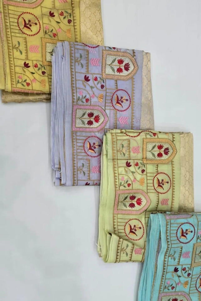 Pure Organza Saree | Brocade Weaving & Multi-Color Embroidery Border | Dual-Tone Pallu - Rosepetals Luxe