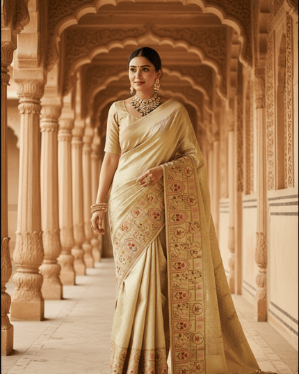 Pure Organza Saree | Brocade Weaving & Multi-Color Embroidery Border | Dual-Tone Pallu - Rosepetals Luxe
