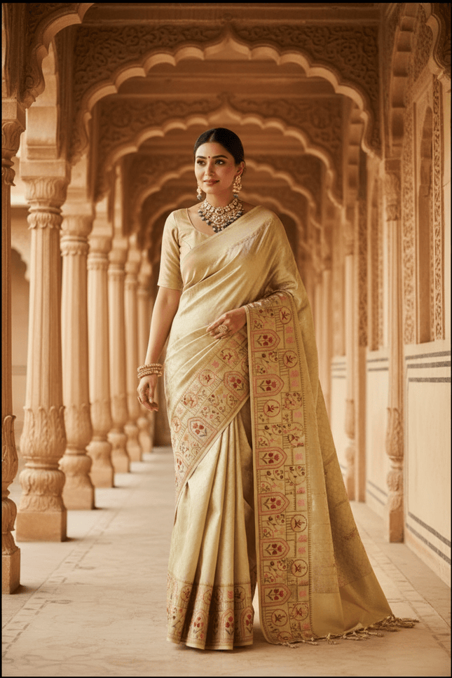 Pure Organza Saree | Brocade Weaving & Multi-Color Embroidery Border | Dual-Tone Pallu - Rosepetals Luxe