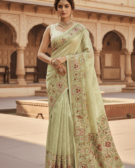 Pure Organza Saree | Brocade Weaving & Multi-Color Embroidery Border | Dual-Tone Pallu - Rosepetals Luxe