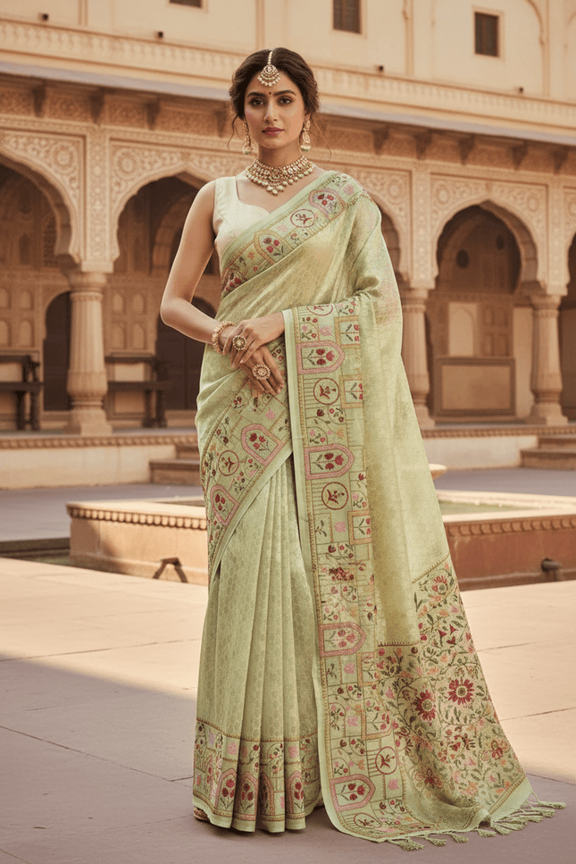 Pure Organza Saree | Brocade Weaving & Multi-Color Embroidery Border | Dual-Tone Pallu - Rosepetals Luxe