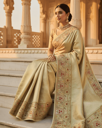 Pure Organza Saree | Brocade Weaving & Multi-Color Embroidery Border | Dual-Tone Pallu - Rosepetals Luxe