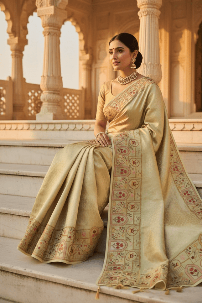 Pure Organza Saree | Brocade Weaving & Multi-Color Embroidery Border | Dual-Tone Pallu - Rosepetals Luxe