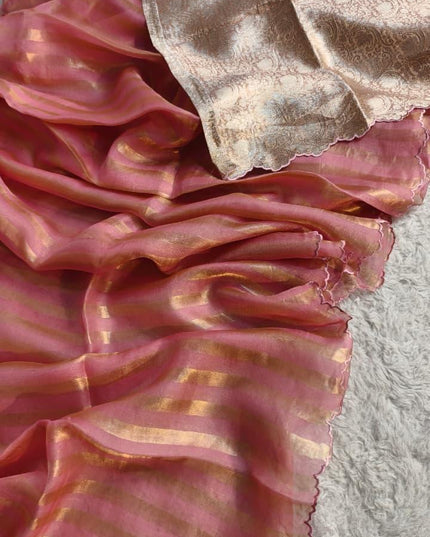 Pure Organza Tissue Reshami Zari Silk Saree | Scallop Border | Banarasi | Rosepetals Luxe - Rosepetals Luxe