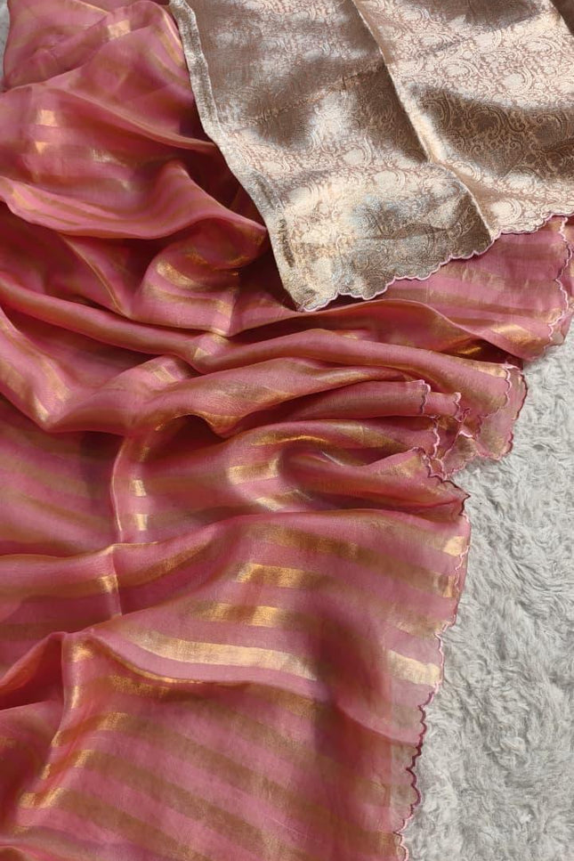 Pure Organza Tissue Reshami Zari Silk Saree | Scallop Border | Banarasi | Rosepetals Luxe - Rosepetals Luxe