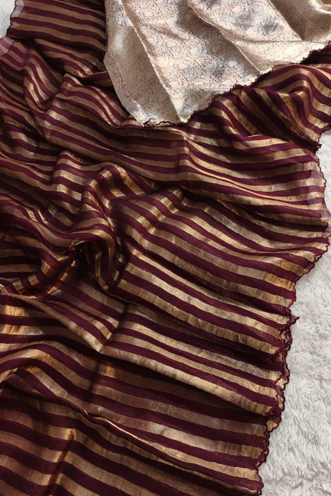 Pure Organza Tissue Reshami Zari Silk Saree | Scallop Border | Banarasi | Rosepetals Luxe - Rosepetals Luxe