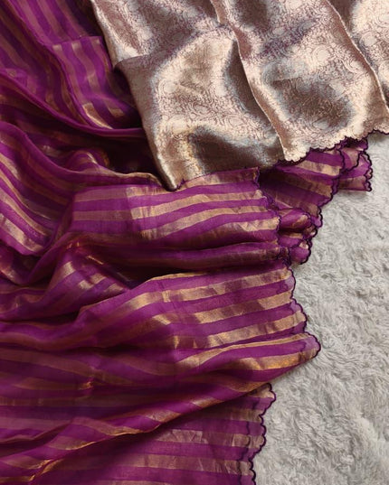 Pure Organza Tissue Reshami Zari Silk Saree | Scallop Border | Banarasi | Rosepetals Luxe - Rosepetals Luxe