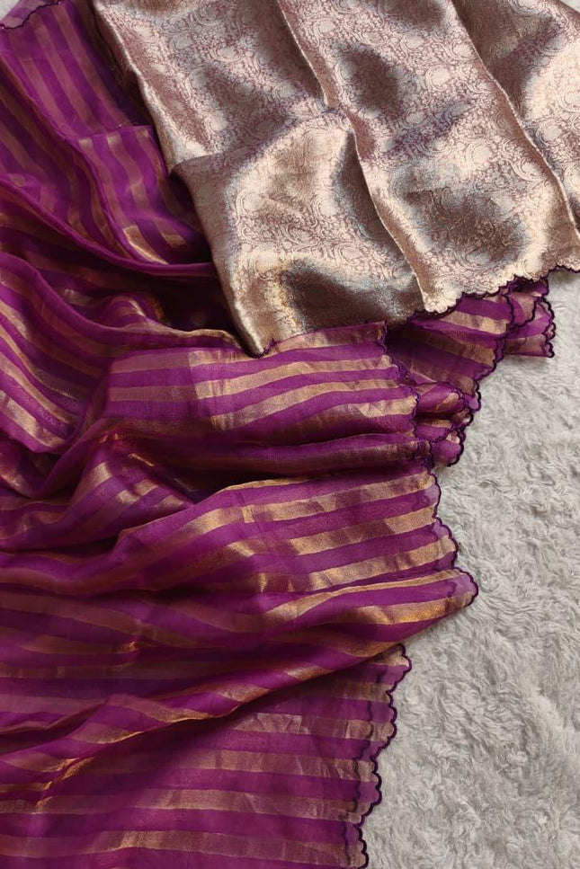 Pure Organza Tissue Reshami Zari Silk Saree | Scallop Border | Banarasi | Rosepetals Luxe - Rosepetals Luxe