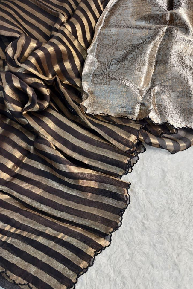 Pure Organza Tissue Reshami Zari Silk Saree | Scallop Border | Banarasi | Rosepetals Luxe - Rosepetals Luxe