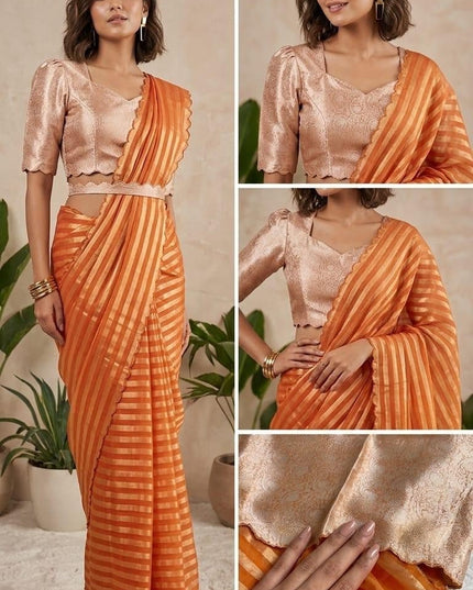 Pure Organza Tissue Reshami Zari Silk Saree | Scallop Border | Banarasi | Rosepetals Luxe - Rosepetals Luxe