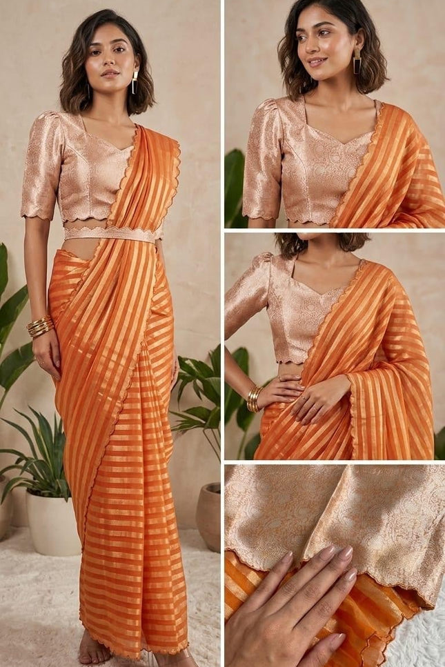 Pure Organza Tissue Reshami Zari Silk Saree | Scallop Border | Banarasi | Rosepetals Luxe - Rosepetals Luxe