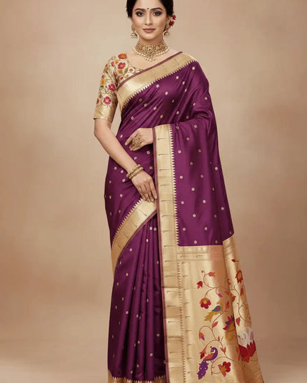 Pure Paithani Silk Saree | Meenakari Peacock Zari Pallu | Korvai Border | Handcrafted in India - Rosepetals Luxe