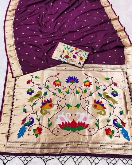 Pure Paithani Silk Saree | Meenakari Peacock Zari Pallu | Korvai Border | Handcrafted in India - Rosepetals Luxe