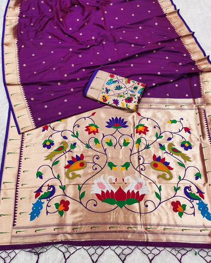Pure Paithani Silk Saree | Meenakari Peacock Zari Pallu | Korvai Border | Handcrafted in India - Rosepetals Luxe
