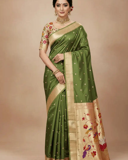 Pure Paithani Silk Saree | Meenakari Peacock Zari Pallu | Korvai Border | Handcrafted in India - Rosepetals Luxe