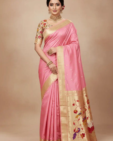 Pure Paithani Silk Saree | Meenakari Peacock Zari Pallu | Korvai Border | Handcrafted in India - Rosepetals Luxe
