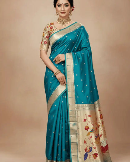 Pure Paithani Silk Saree | Meenakari Peacock Zari Pallu | Korvai Border | Handcrafted in India - Rosepetals Luxe