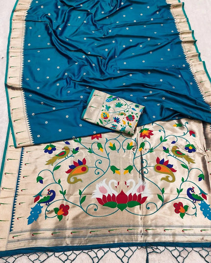 Pure Paithani Silk Saree | Meenakari Peacock Zari Pallu | Korvai Border | Handcrafted in India - Rosepetals Luxe
