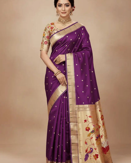 Pure Paithani Silk Saree | Meenakari Peacock Zari Pallu | Korvai Border | Handcrafted in India - Rosepetals Luxe