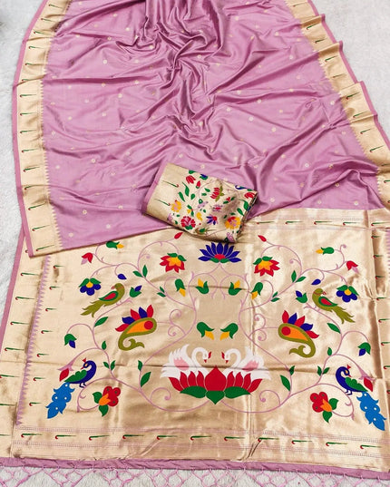 Pure Paithani Silk Saree | Meenakari Peacock Zari Pallu | Korvai Border | Handcrafted in India - Rosepetals Luxe