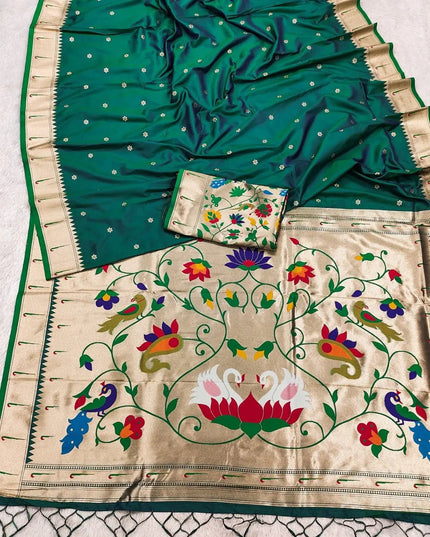Pure Paithani Silk Saree | Meenakari Peacock Zari Pallu | Korvai Border | Handcrafted in India - Rosepetals Luxe