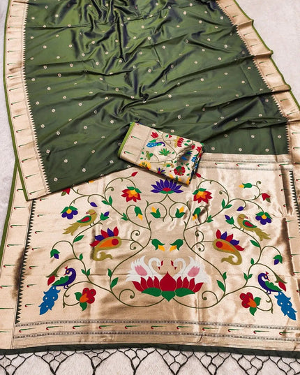 Pure Paithani Silk Saree | Meenakari Peacock Zari Pallu | Korvai Border | Handcrafted in India - Rosepetals Luxe