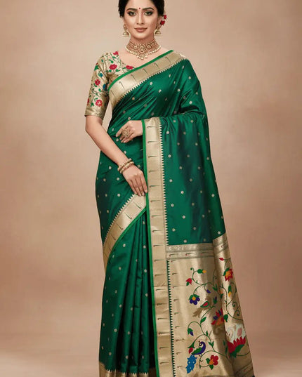 Pure Paithani Silk Saree | Meenakari Peacock Zari Pallu | Korvai Border | Handcrafted in India - Rosepetals Luxe