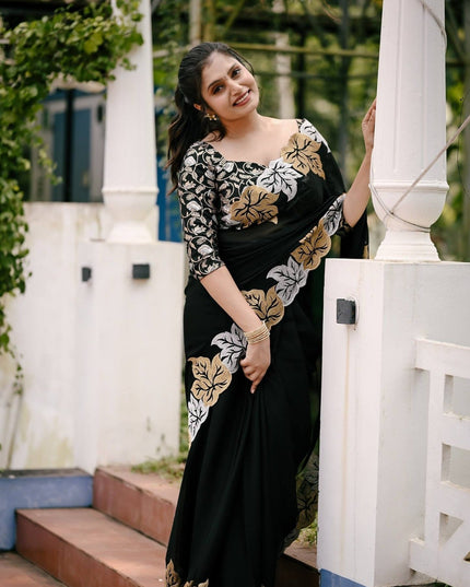 Pure Satin Chiffon Silk Saree with Jari Thread Embroidery and Banarasi Silk Blouse - Rosepetals Luxe