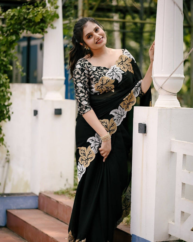 Pure Satin Chiffon Silk Saree with Jari Thread Embroidery and Banarasi Silk Blouse - Rosepetals Luxe