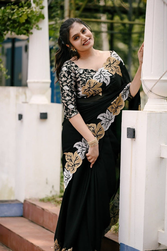 Pure Satin Chiffon Silk Saree with Jari Thread Embroidery and Banarasi Silk Blouse - Rosepetals Luxe