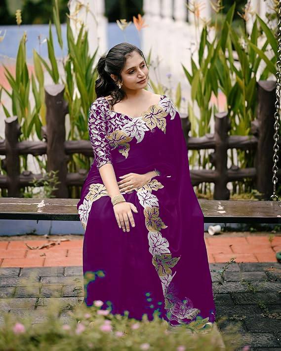 Pure Satin Chiffon Silk Saree with Jari Thread Embroidery and Banarasi Silk Blouse - Rosepetals Luxe