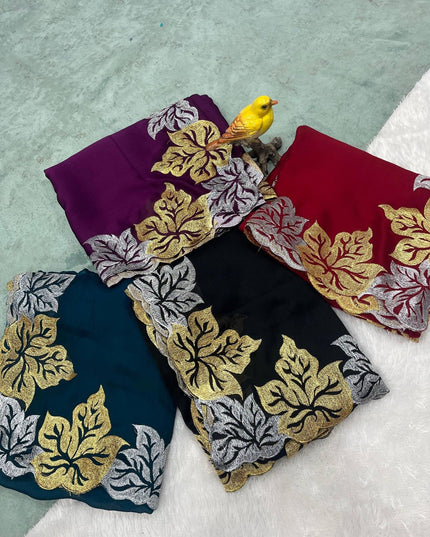 Pure Satin Chiffon Silk Saree with Jari Thread Embroidery and Banarasi Silk Blouse - Rosepetals Luxe