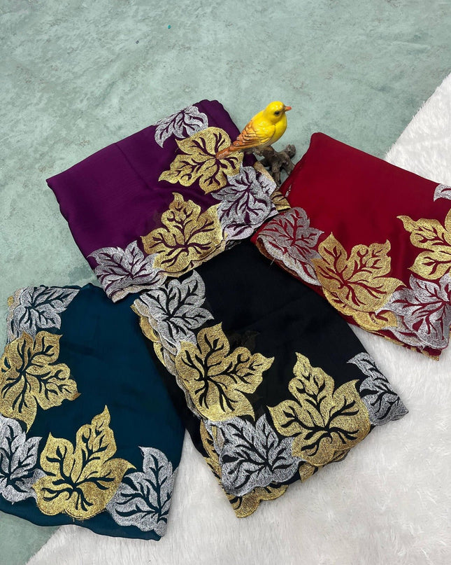 Pure Satin Chiffon Silk Saree with Jari Thread Embroidery and Banarasi Silk Blouse - Rosepetals Luxe
