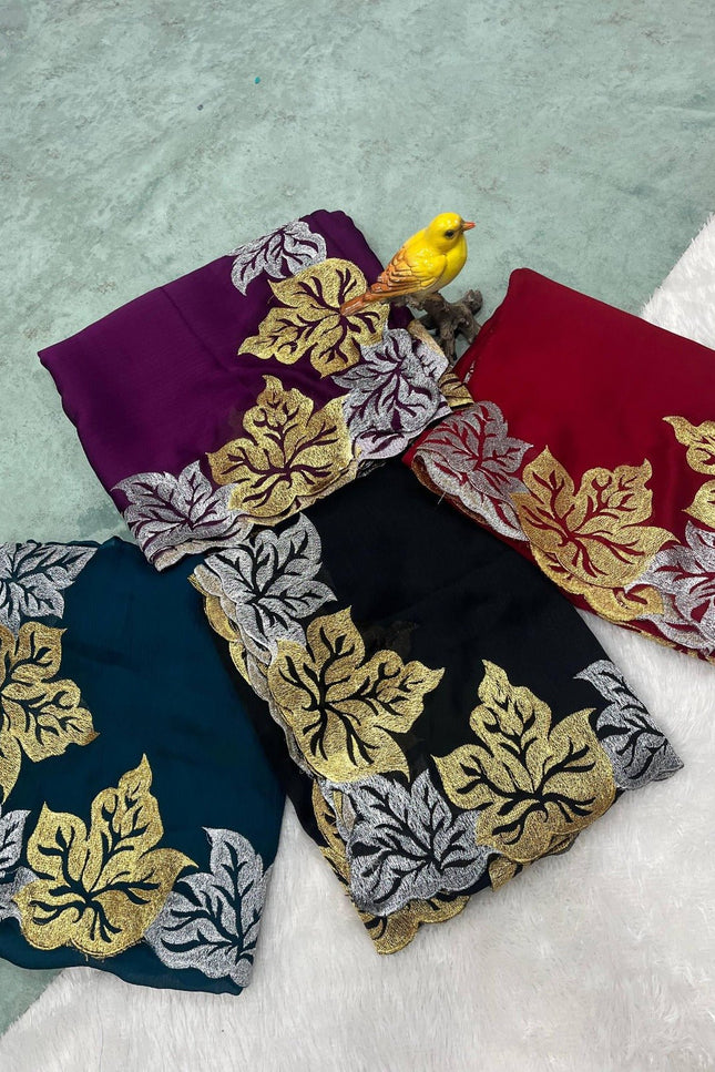 Pure Satin Chiffon Silk Saree with Jari Thread Embroidery and Banarasi Silk Blouse - Rosepetals Luxe