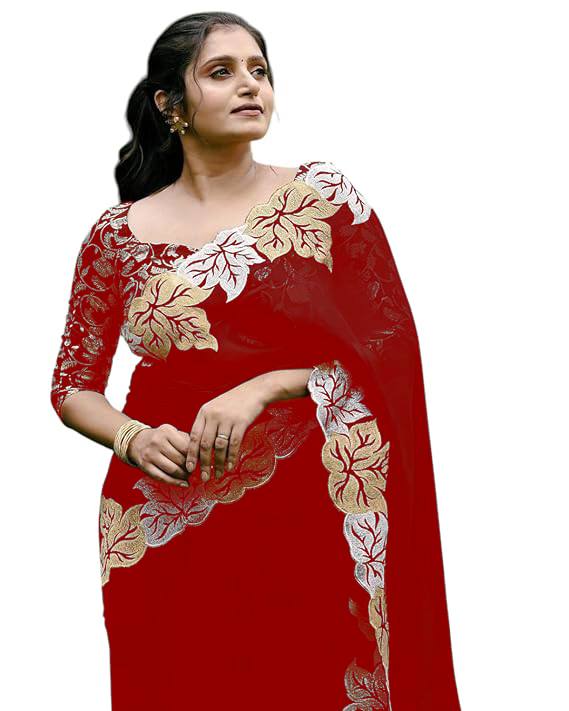 Pure Satin Chiffon Silk Saree with Jari Thread Embroidery and Banarasi Silk Blouse - Rosepetals Luxe