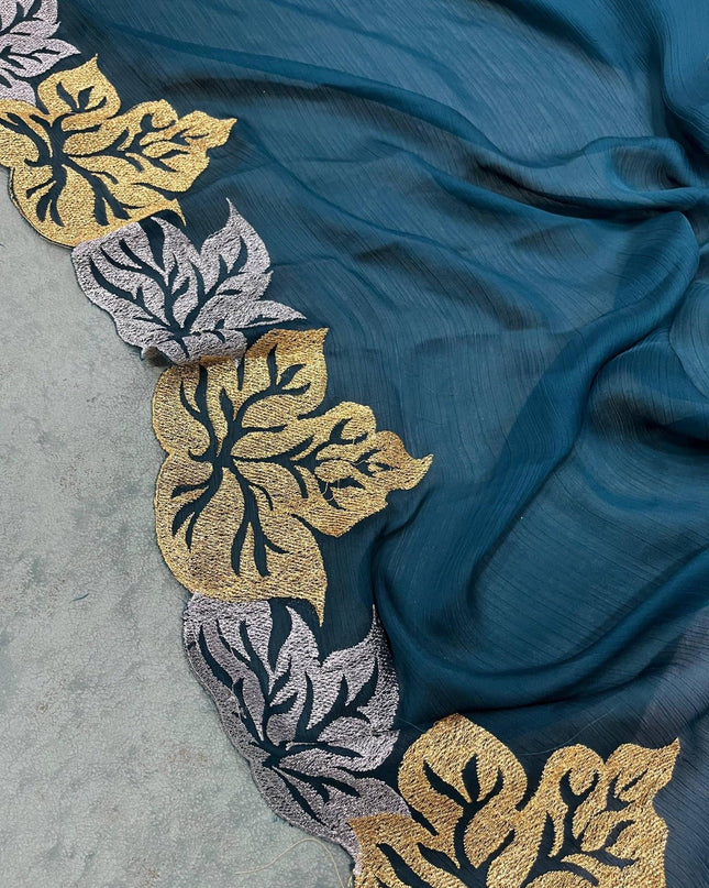 Pure Satin Chiffon Silk Saree with Jari Thread Embroidery and Banarasi Silk Blouse - Rosepetals Luxe