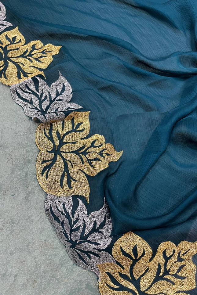 Pure Satin Chiffon Silk Saree with Jari Thread Embroidery and Banarasi Silk Blouse - Rosepetals Luxe
