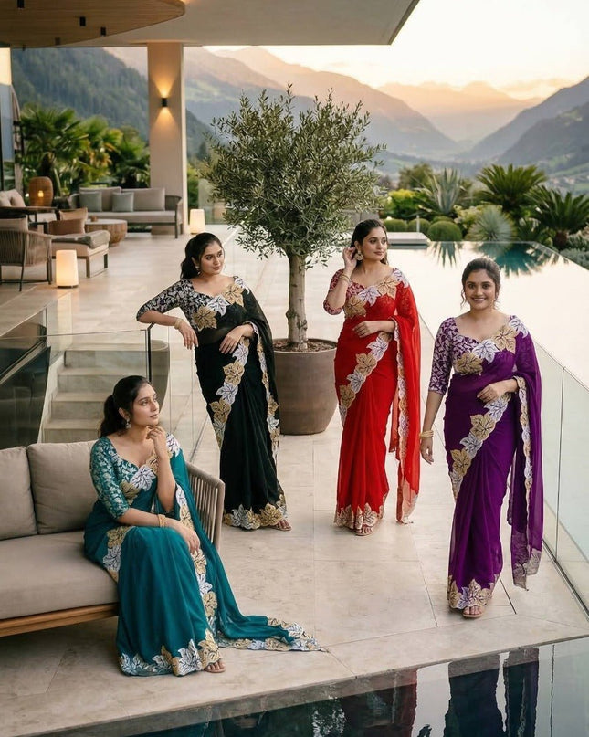 Pure Satin Chiffon Silk Saree with Jari Thread Embroidery and Banarasi Silk Blouse - Rosepetals Luxe