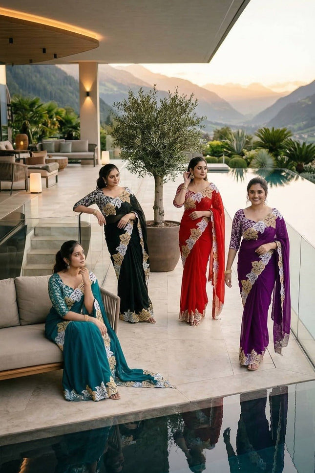 Pure Satin Chiffon Silk Saree with Jari Thread Embroidery and Banarasi Silk Blouse - Rosepetals Luxe