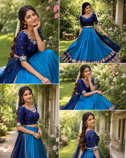 Pure Silk Lehenga Choli Set in Teal Blue | Embroidery Faux Georgette Blouse & Dupatta | Fully Stitched - Rosepetals Luxe