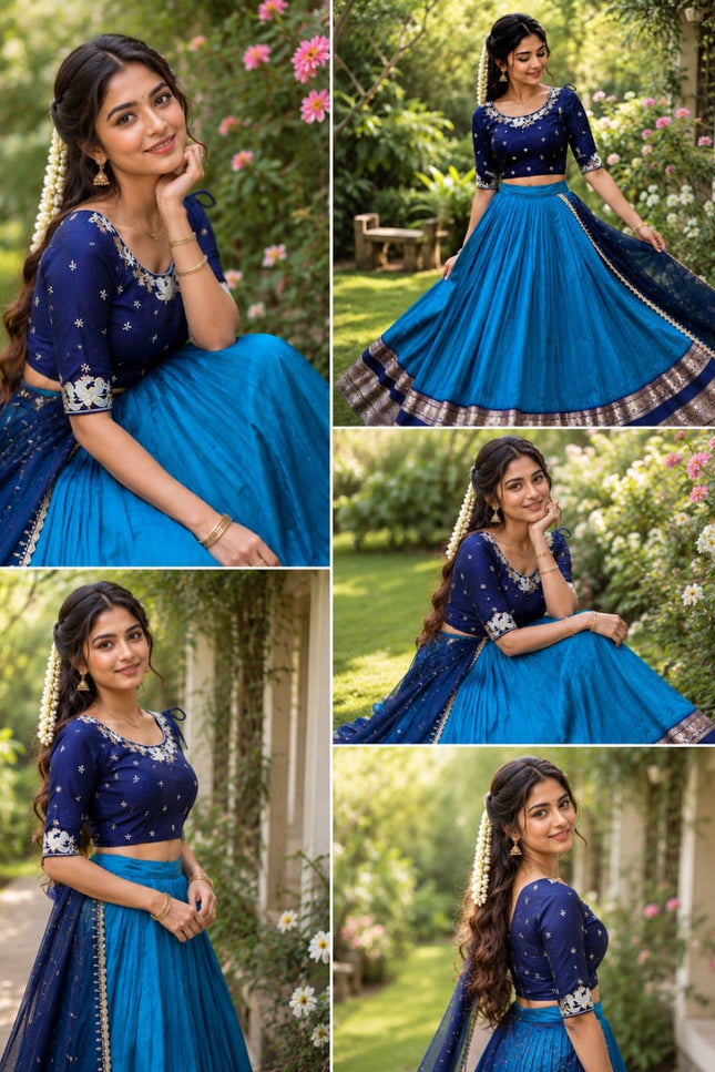 Pure Silk Lehenga Choli Set in Teal Blue | Embroidery Faux Georgette Blouse & Dupatta | Fully Stitched - Rosepetals Luxe