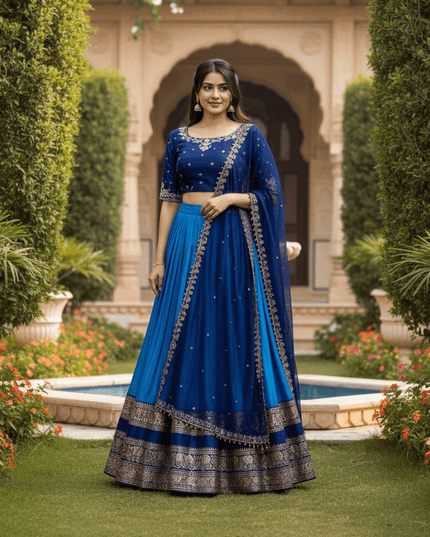 Pure Silk Lehenga Choli Set in Teal Blue | Embroidery Faux Georgette Blouse & Dupatta | Fully Stitched - Rosepetals Luxe
