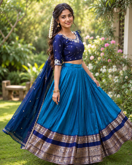 Pure Silk Lehenga Choli Set in Teal Blue | Embroidery Faux Georgette Blouse & Dupatta | Fully Stitched - Rosepetals Luxe