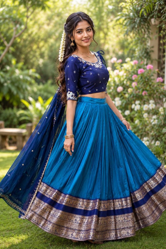 Pure Silk Lehenga Choli Set in Teal Blue | Embroidery Faux Georgette Blouse & Dupatta | Fully Stitched - Rosepetals Luxe