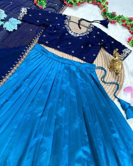 Pure Silk Lehenga Choli Set in Teal Blue | Embroidery Faux Georgette Blouse & Dupatta | Fully Stitched - Rosepetals Luxe