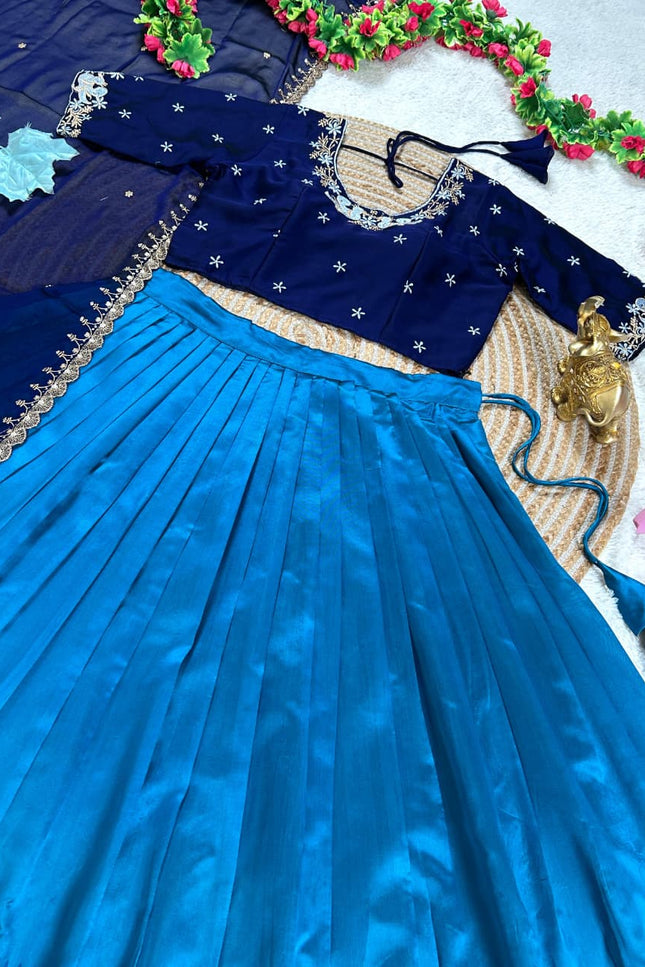 Pure Silk Lehenga Choli Set in Teal Blue | Embroidery Faux Georgette Blouse & Dupatta | Fully Stitched - Rosepetals Luxe